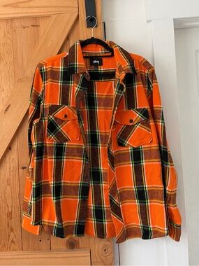 Stussy Ace Plaid Flannel Button-Down Shirt Orange Black